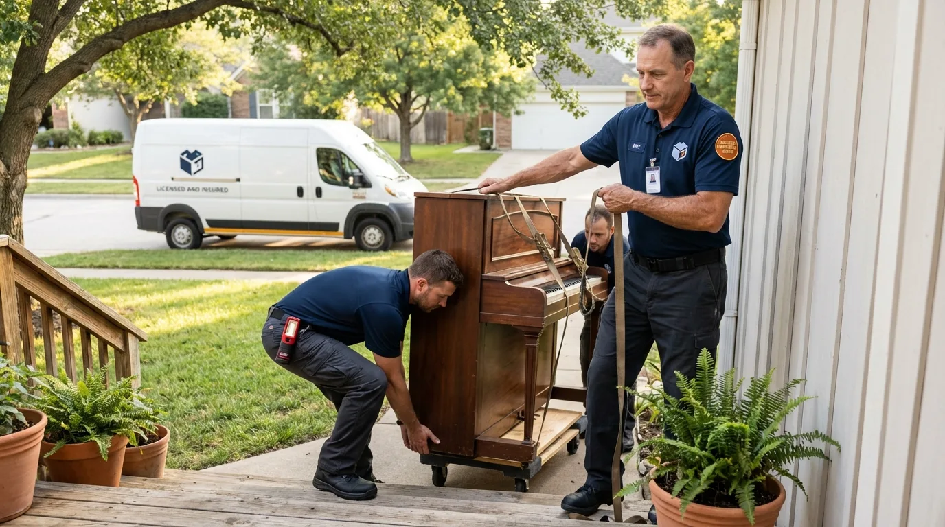 Licensed piano movers securing grand piano in Tonasket, WA