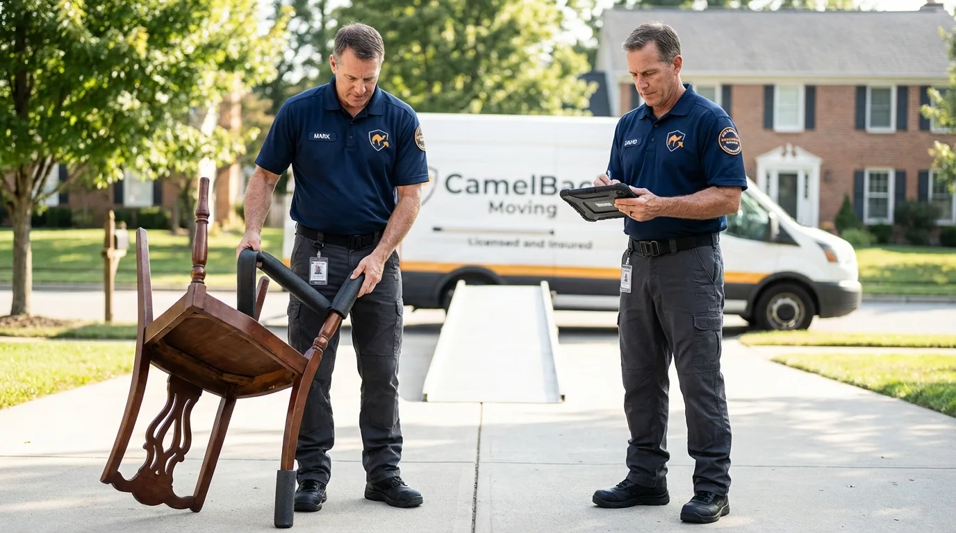 Movers inspecting furniture for damage prevention before loading in Tonasket, WA