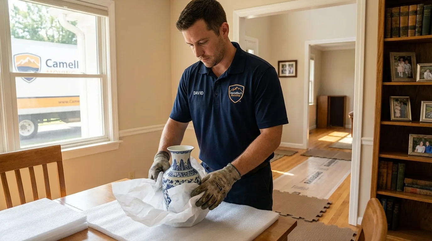 Professional crew carefully wrapping antique vase for senior downsizing move in Tonasket, WA