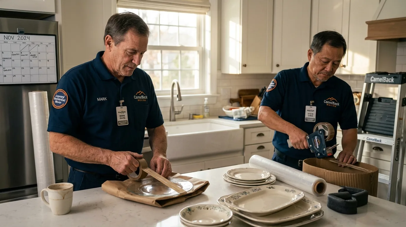 Professional crew packing kitchen dishware in Tonasket, WA
